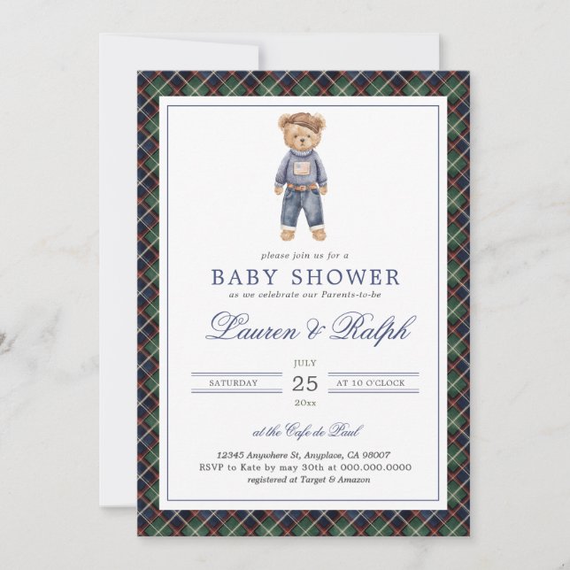 Polo Bear Boy Classic Preppy Baby Shower Invitation (Front)