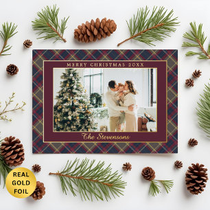 Polo Equestrian Burgundy Plaid Photo Christmas Foil Holiday Card