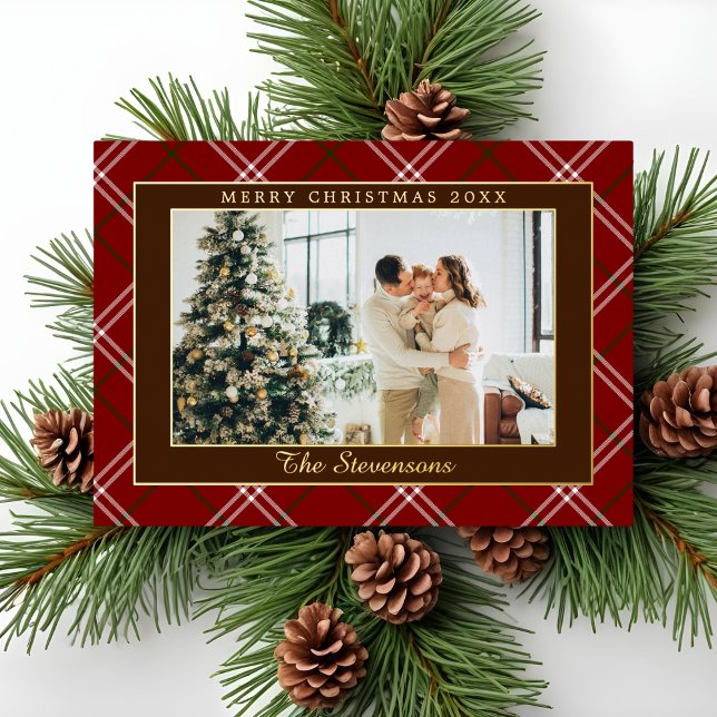 Polo Equestrian Red Burgundy Plaid Photo Christmas Foil Holiday Card (Creator Uploaded)