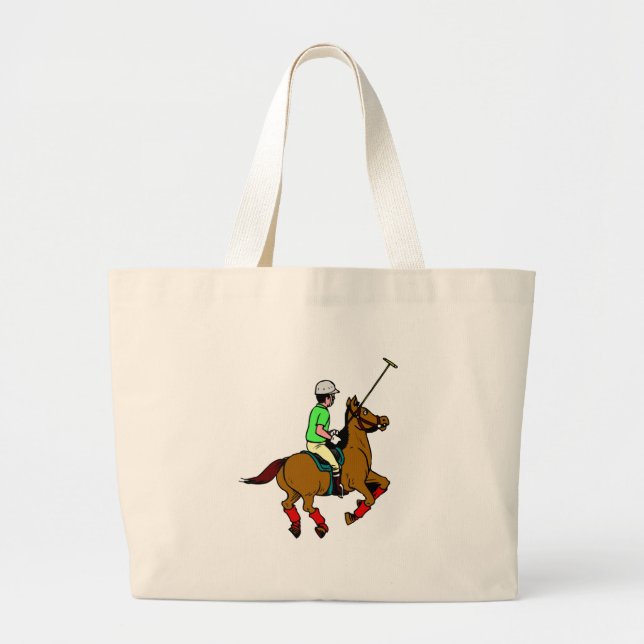 Polo Player Rides Pony Swings Mallet Large Tote Bag (Front)