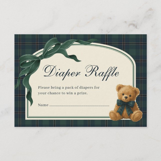 Polo Teddy Bear Green Bow Plaid Diaper Raffle Enclosure Card (Front)