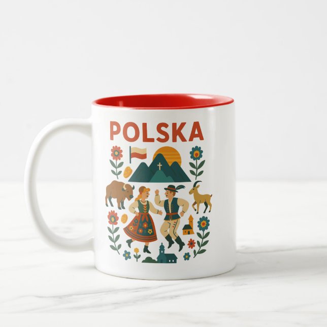 Polska Folk Mountain Flat Art Two-Tone Coffee Mug (Left)