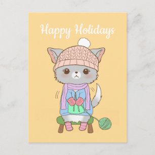 Poly-Pom Happy Holidays Knitting Colourful Pomchi Postcard