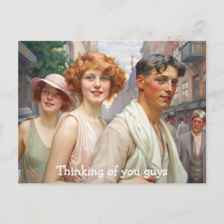 Polyamorous triad wandering downtown postcard