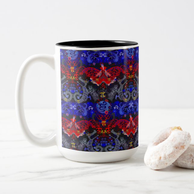 Polyamory Dragon Damask in Poly Pride Flag Colours Two-Tone Coffee Mug (With Donut)