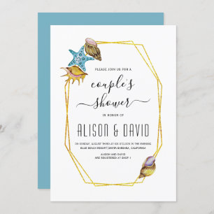 Polygon and seashells beach wedding couples shower invitation