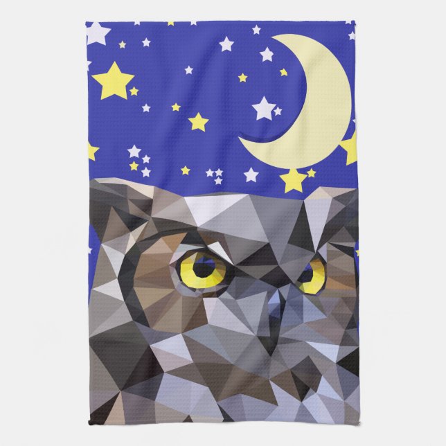 Polygon Owl and Starry Night Sky Tea Towel (Vertical)