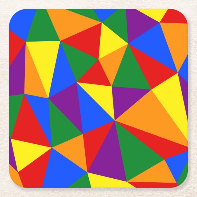 Polygon Rainbow Pattern Square Paper Coaster (Front)