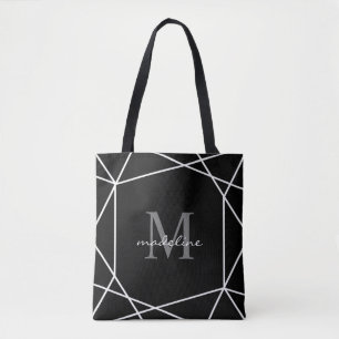 Polygon Silver Grey Black and White Monogram Tote Bag