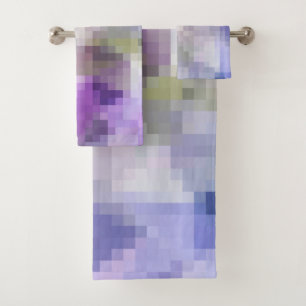 Polygonal geometrical violet purple blue pixel squ bath towel set