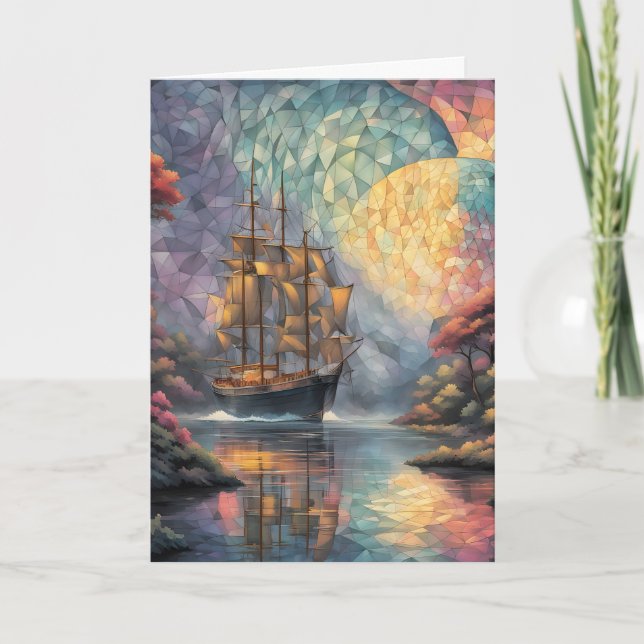 Polygonal Sailing Ship and Full Moon Father's Day Holiday Card (Front)