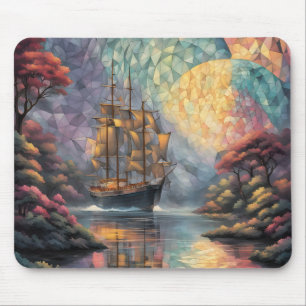 Polygonal Sailing Ship and Full Moon Mouse Pad