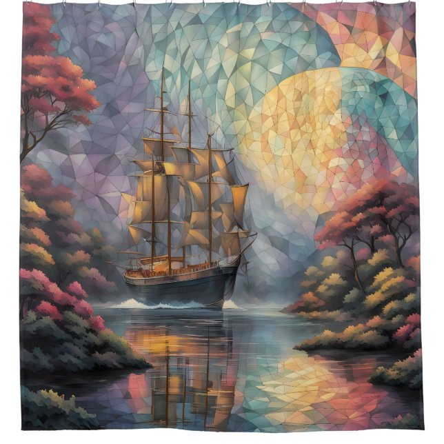 Polygonal Sailing Ship and Full Moon Shower Curtain (Front)