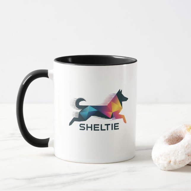 Polygonal Shetland Pastor in Yellow and Blue Mug (With Donut)