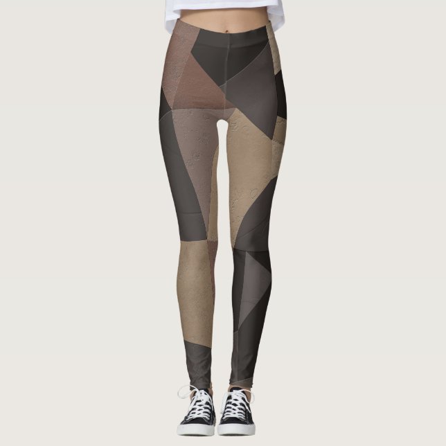 Polygonal triangles geometrical print brown colour leggings (Front)