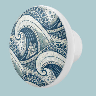 Polynesian Beach Waves and Flowers Ethnic Pattern Ceramic Knob