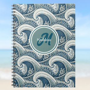 Polynesian Beach Waves and Flowers Ocean Pattern Notebook
