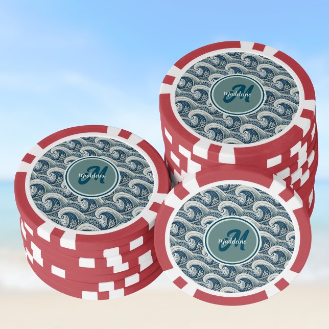 Polynesian Beach Waves and Flowers Ocean Pattern Poker Chips (Creator Uploaded)