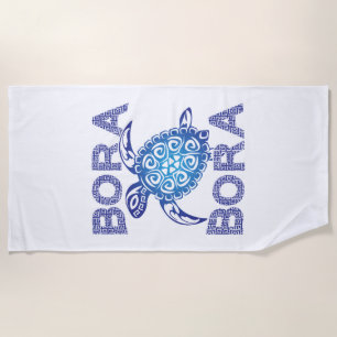 Polynesian Blue Tribal Sea Turtle Bora Bora Beach Towel