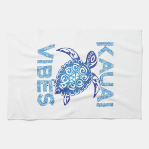 Polynesian Blue Tribal Sea Turtle Kauai Vibes Tea Towel