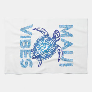 Polynesian Blue Tribal Sea Turtle Maui Vibes Tea Towel