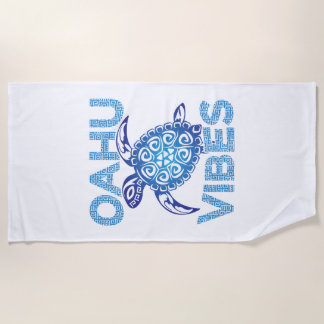 Polynesian Blue Tribal Sea Turtle Oahu Vibes Beach Towel
