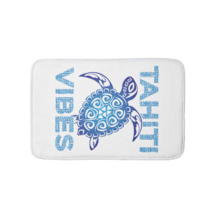 Polynesian Blue Tribal Sea Turtle Tahiti Vibes Bath Mat