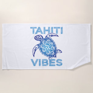 Polynesian Blue Tribal Sea Turtle Tahiti Vibes Beach Towel