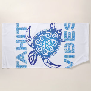 Polynesian Blue Tribal Sea Turtle Tahiti Vibes Beach Towel