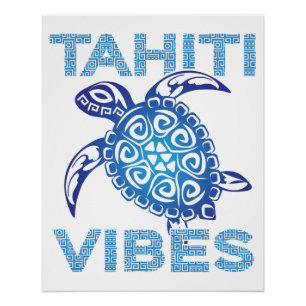 Polynesian Blue Tribal Sea Turtle Tahiti Vibes Poster