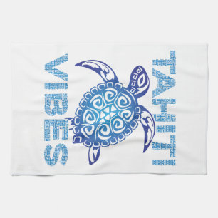 Polynesian Blue Tribal Sea Turtle Tahiti Vibes Tea Towel