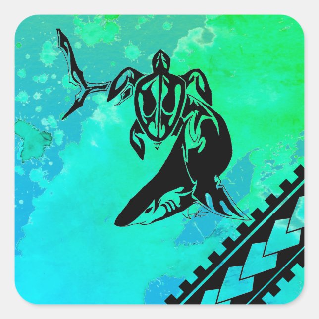 Polynesian Inspired Turtle and Shark Square Sticker (Front)