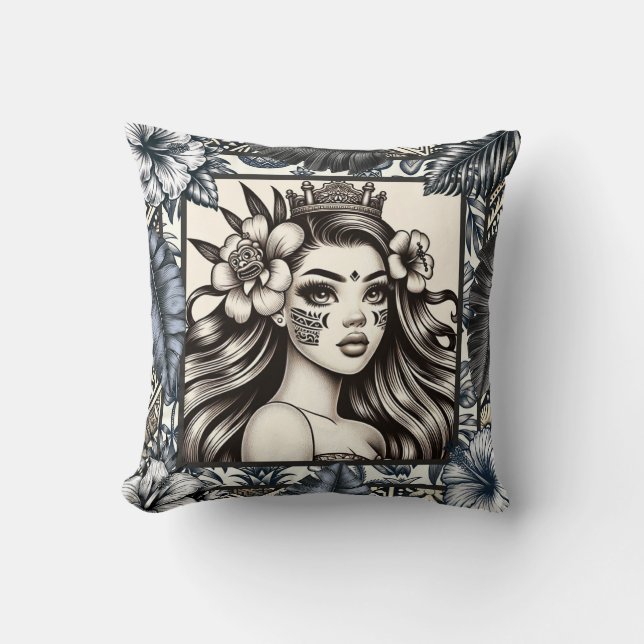Polynesian Princess Blue Floral Tribal Cushion (Front)