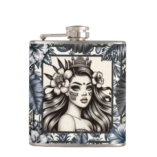 Polynesian Princess Blue Floral Tribal Hip Flask