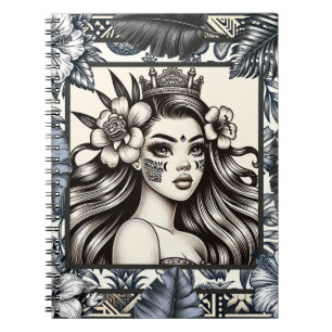 Polynesian Princess Blue Floral Tribal Notebook