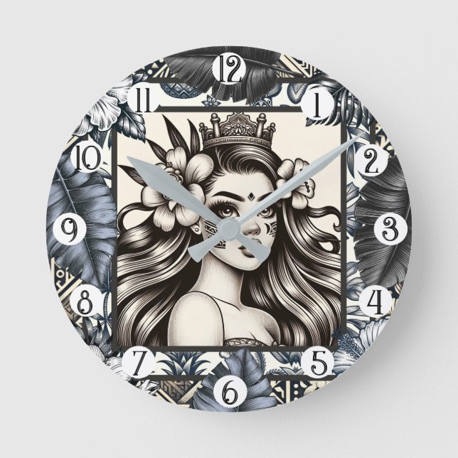 Polynesian Princess Blue Floral Tribal Round Clock (Front)