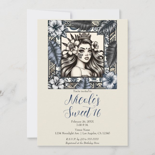 Polynesian Princess Blue Floral Tribal Sweet 16  Invitation (Front)