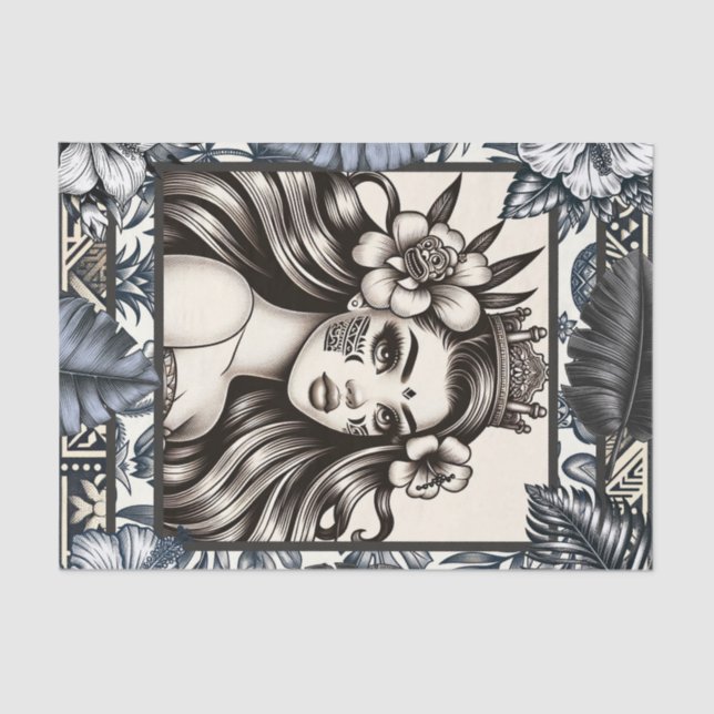 Polynesian Princess Blue Floral Tribal Tissue Paper (Front)