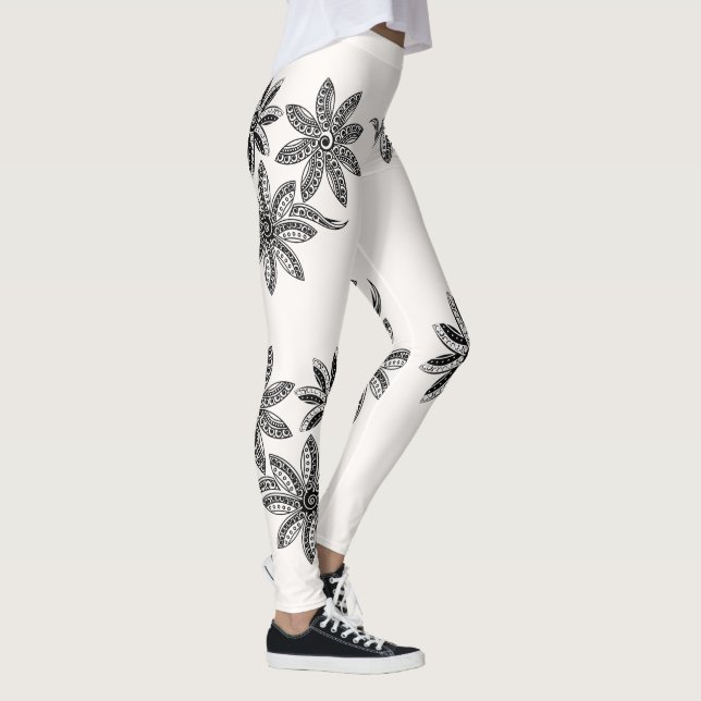 Polynesian Tattoo Floral Black White Line Art Leggings (Right)
