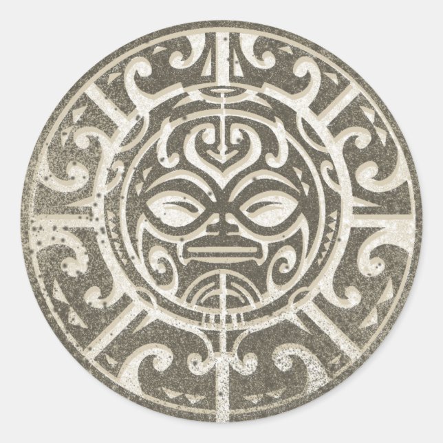 Polynesian Tribal Face Brown Classic Round Sticker (Front)