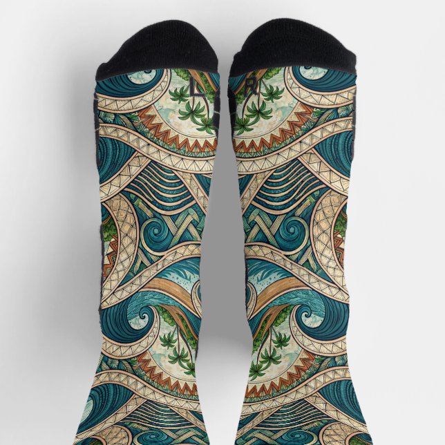 Polynesian Tropical Wave Palm Trees Pattern Name Socks (Top)