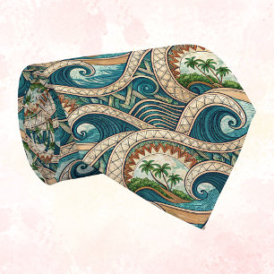 Polynesian Tropical Wave Palm Trees Pattern Name Tie