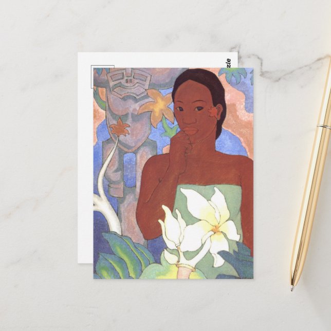 Polynesian Woman and Tiki  Postcard (Front/Back In Situ)