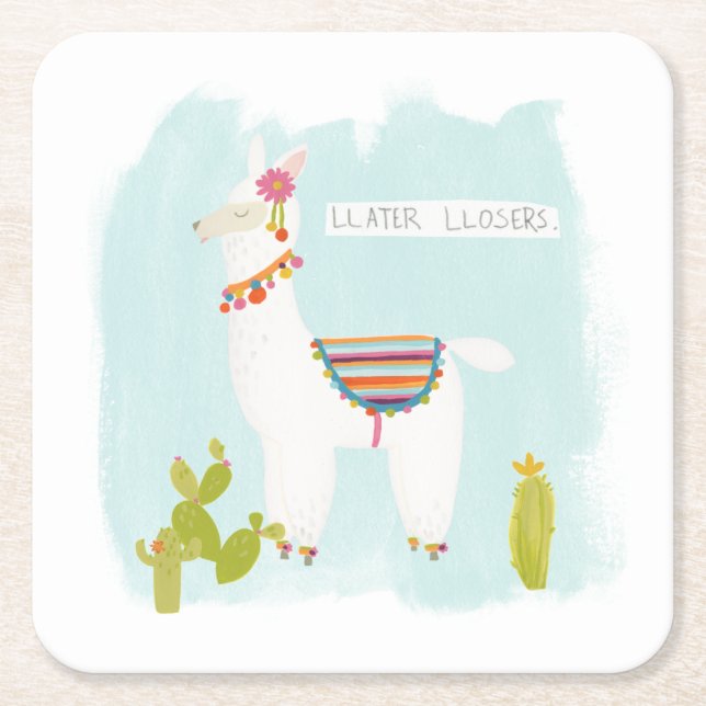 Pom Pom Llama Rama- Llater Llosers Square Paper Coaster (Front)