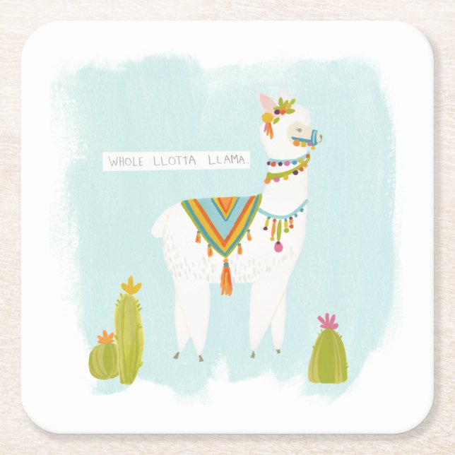 Pom Pom Llama Rama - Whole Lotta Llama Square Paper Coaster (Front)