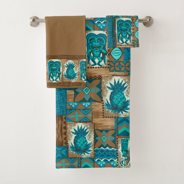 Pomaika’i Tiki Hawaiian Tapa Coordinate - Brown Bath Towel Set (Insitu)