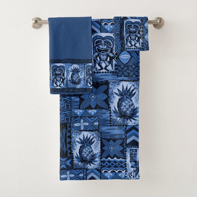 Pomaika’i Tiki Hawaiian Tapa Coordinate - Indigo Bath Towel Set (Insitu)