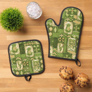 Pomaika’i Tiki Hawaiian Vintage Tapa Green Oven Mitt & Pot Holder Set
