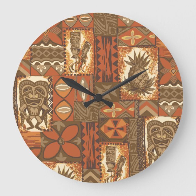 Pomaika’i Tiki Hawaiian Vintage Tapa Large Clock (Front)