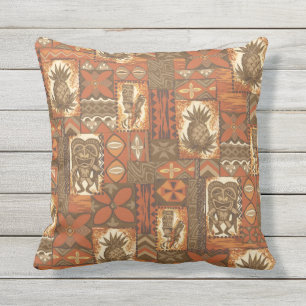 Pomaika’i Tiki Hawaiian Vintage Tapa Outdoor Cushion